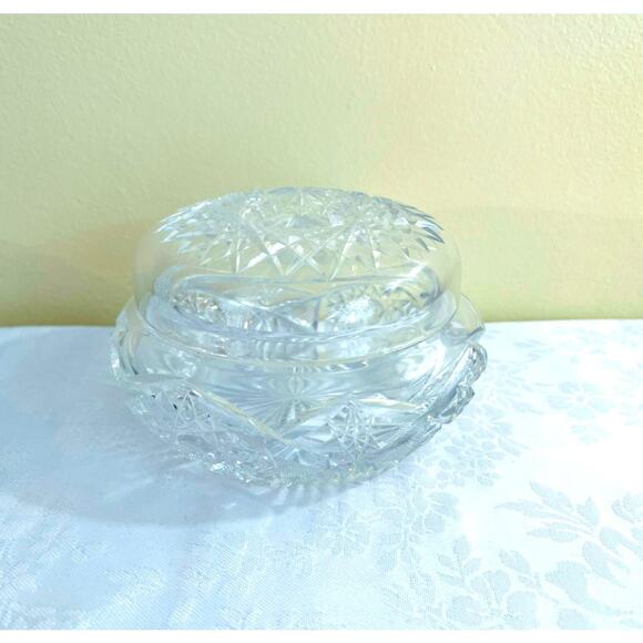 Antiq American Brilliant Cut Glass Powder Box Dresser Jar Trinket Vanity - Picture 1 of 16